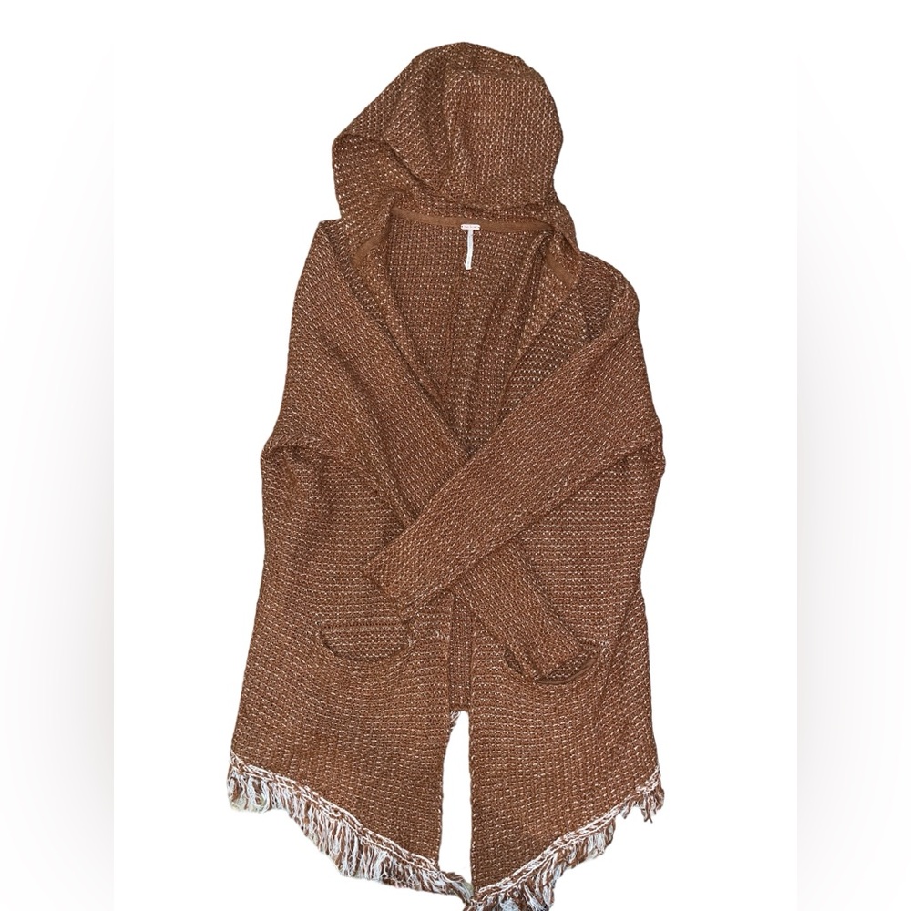 Free People Brown Speckled Hooded Fringe Cardigan/Sweater - Picture 2 of 9